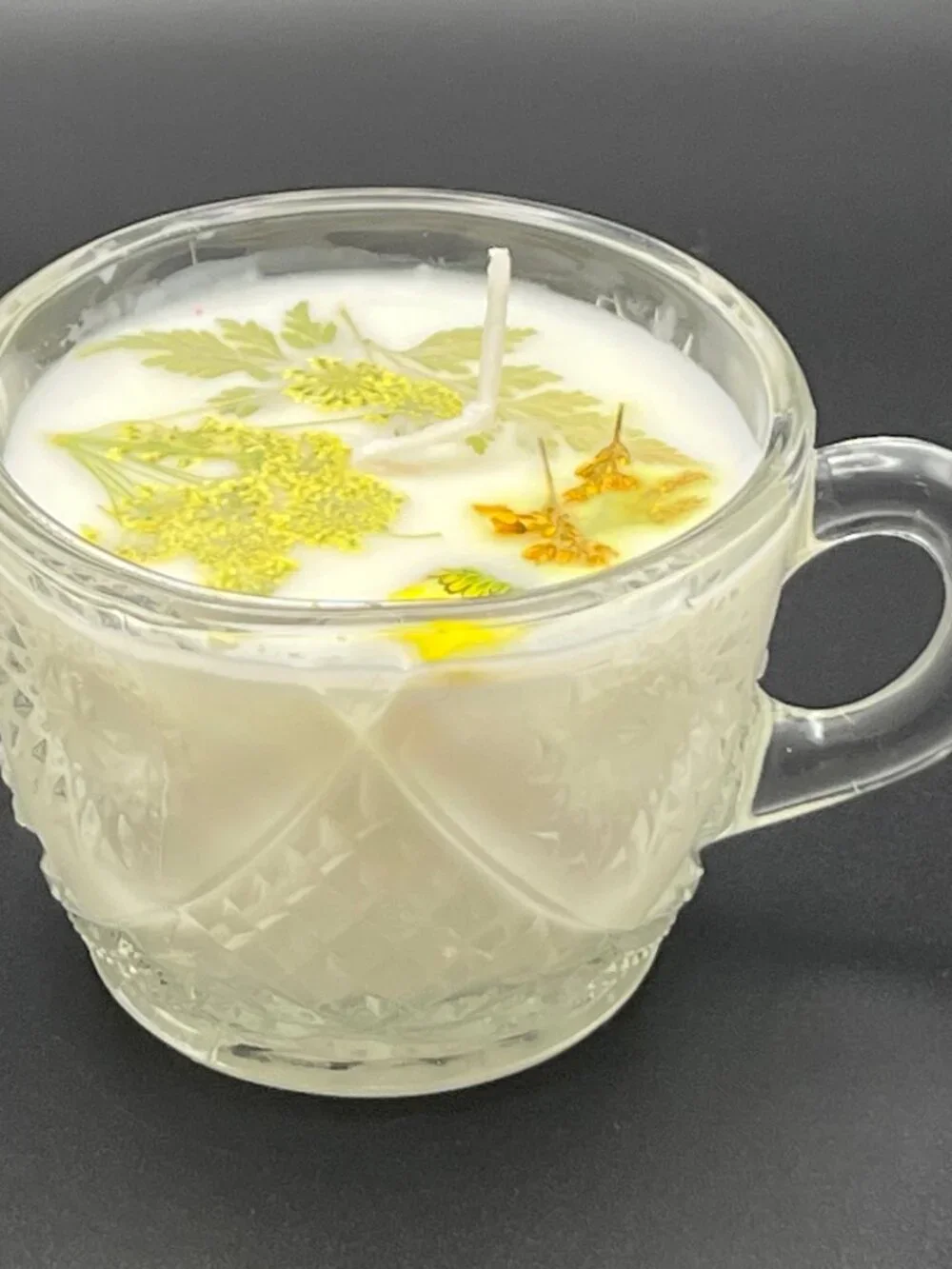 Meadow Lace Pressed Glass Teacup Candle